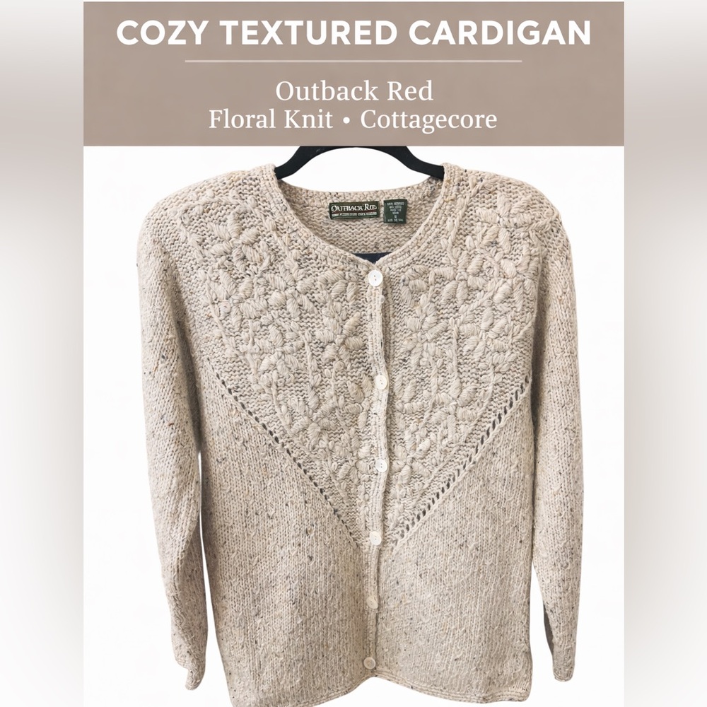 Cottagecore Floral Knit Cardigan Sweater Oatmeal Cozy Granny Knit Outback Red S